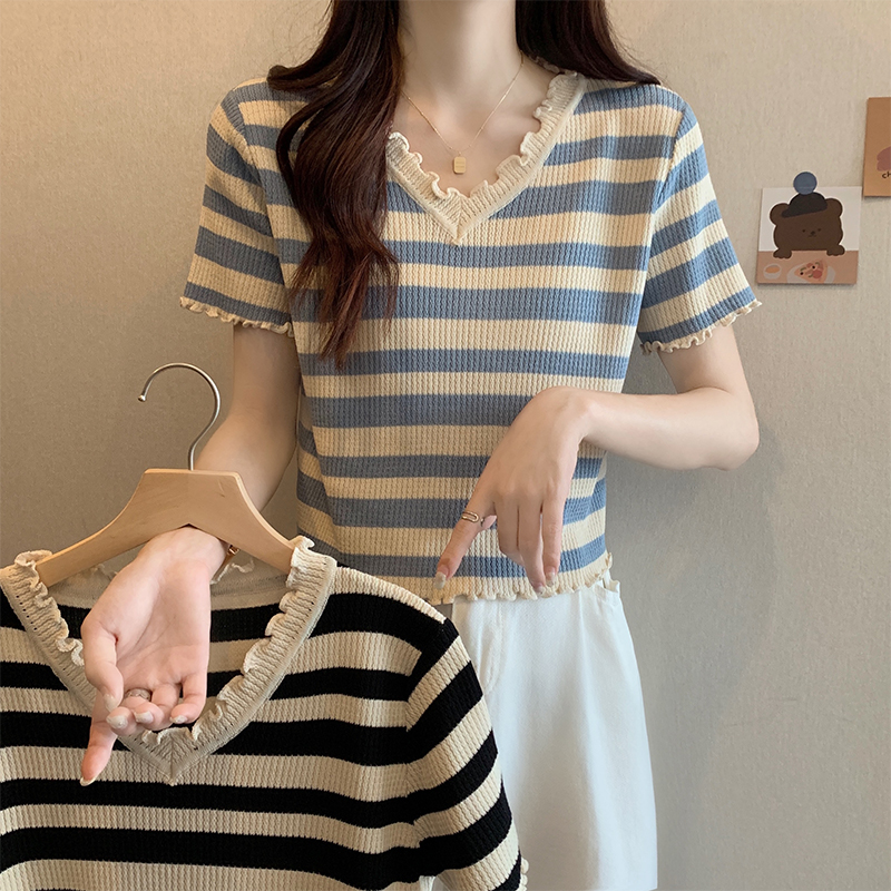 條紋木耳邊條紋短袖針織T恤(2色)