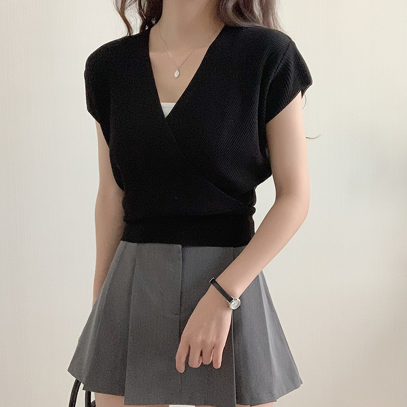 韓系交叉V領短袖針織衫(5色)