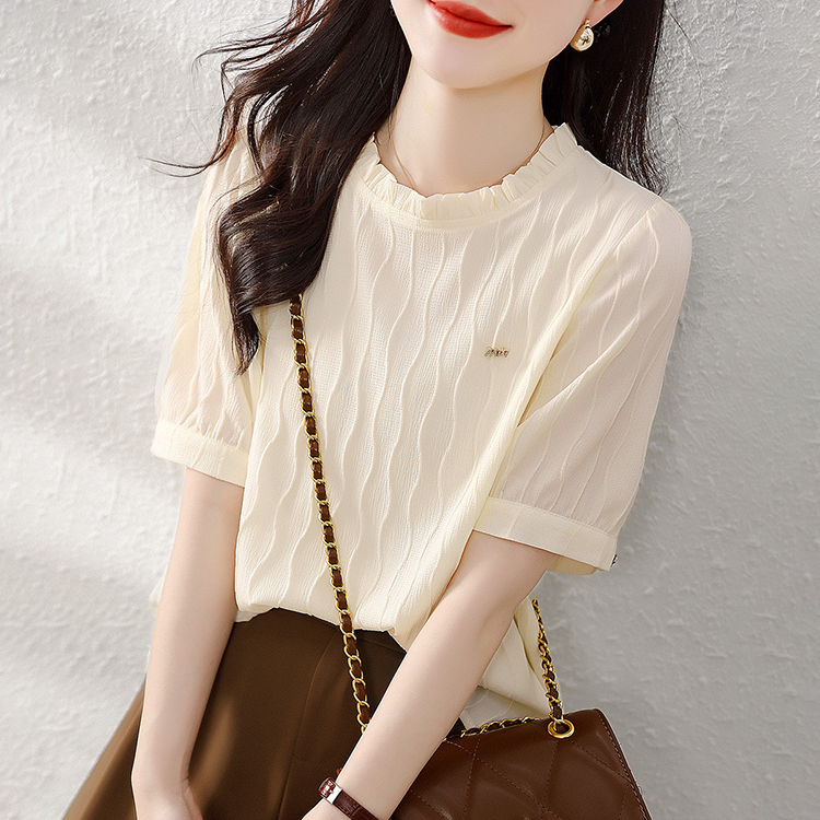 法式優雅木耳邊肌理壓花短袖小衫