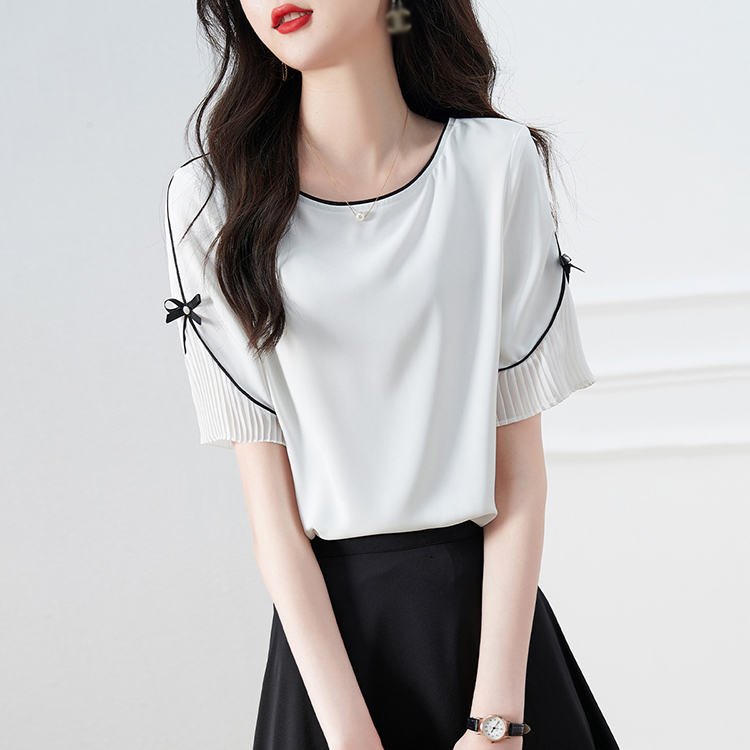 簡約舒適撞色圓領拼接網紗短袖小衫