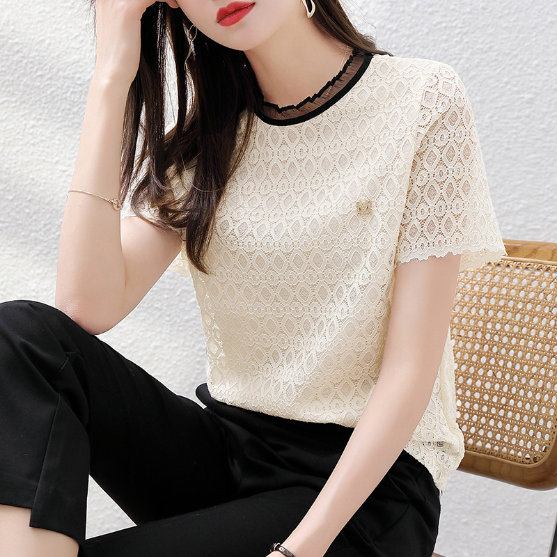 簡約百搭撞色蕾絲圓領短袖T恤