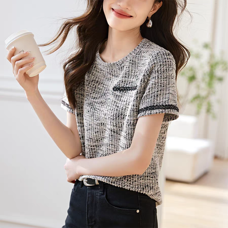 休閒圓領織帶拼接短袖T恤