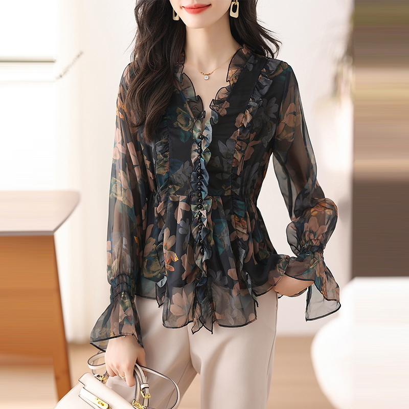 優雅V領碎花收腰喇叭袖荷葉邊小衫