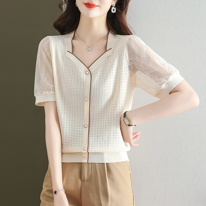 法式方領拼接蕾絲短袖T恤小衫(4色)