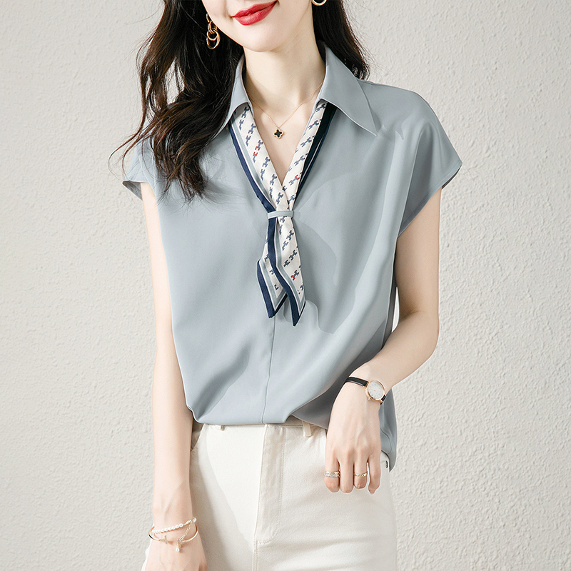 法式撞色V領可拆式領結連肩短袖襯衫(2色)