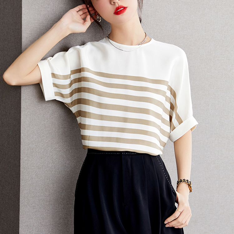 優雅條紋圓領落肩短袖小衫