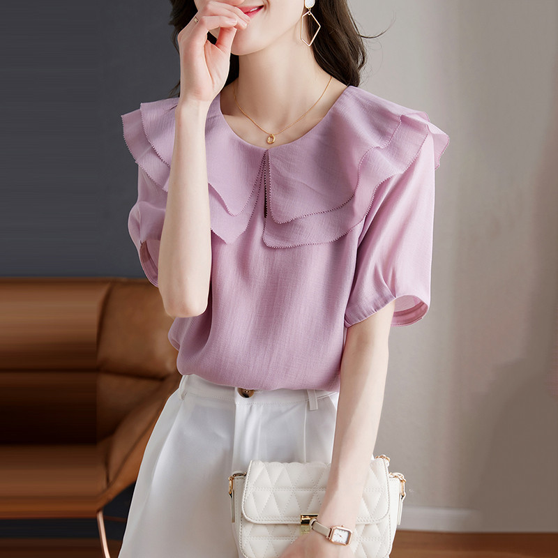 設計感小眾紫色荷葉領短袖小衫