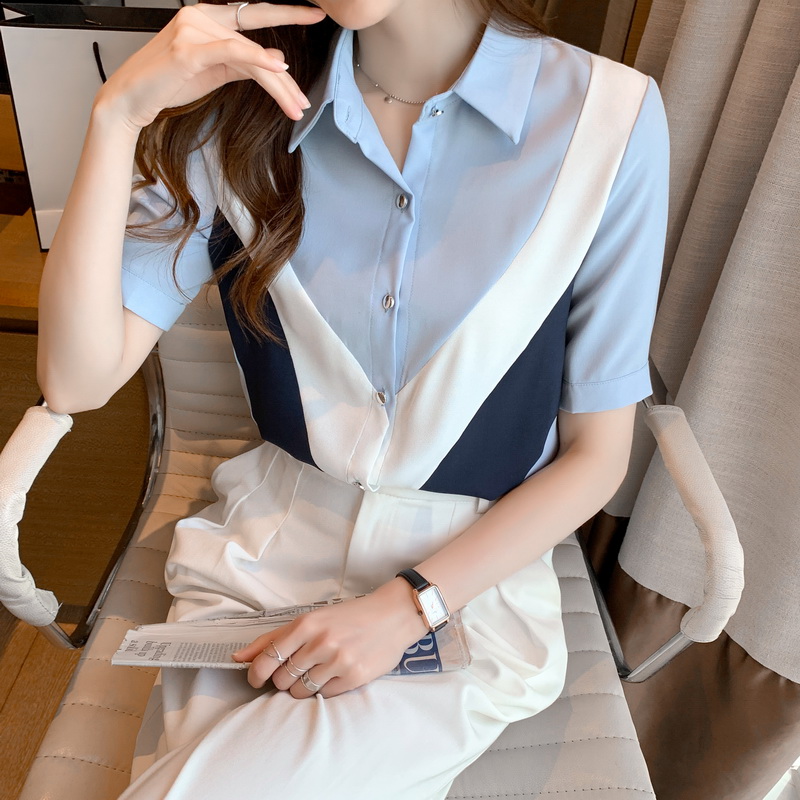 韓系POLO領拼色短袖單排釦襯衫