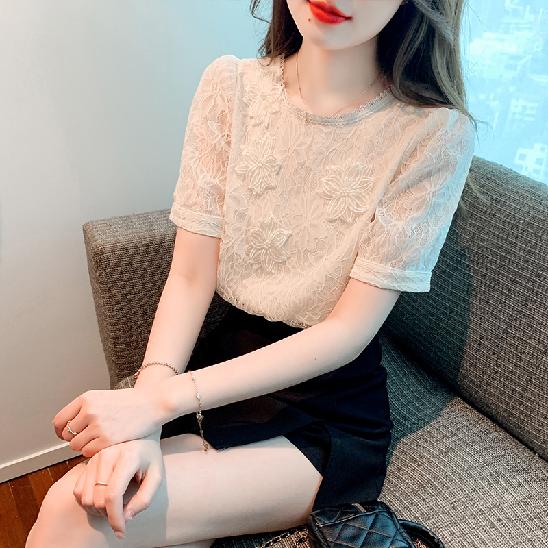 小眾復古圓領蕾絲泡泡短袖小衫