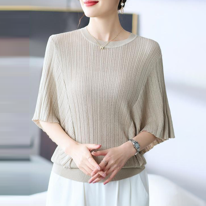 優雅圓領肌理豎條蝙蝠短袖T恤(4色)