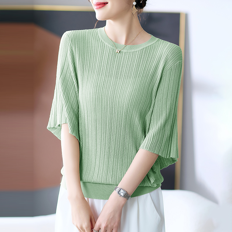 優雅圓領肌理豎條蝙蝠短袖T恤(4色)