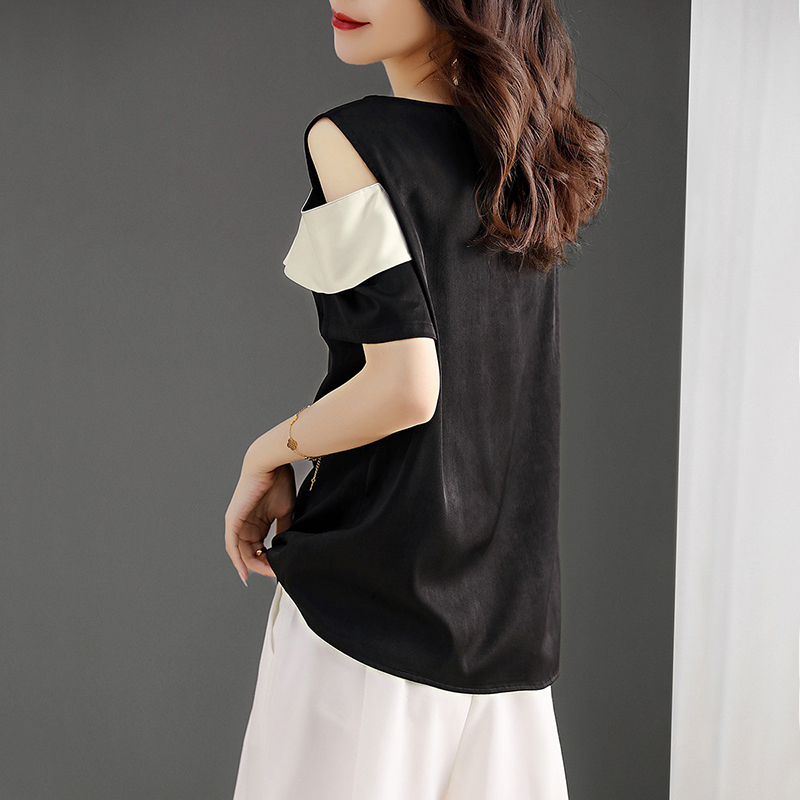 時尚圓領露肩荷葉邊設計短袖T恤