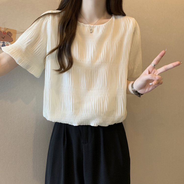圓領肌理感壓褶泡泡短袖小衫
