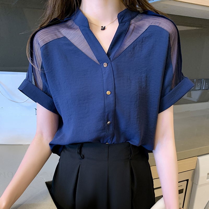 洋氣拼接網紗半開V領短袖小衫(3色)