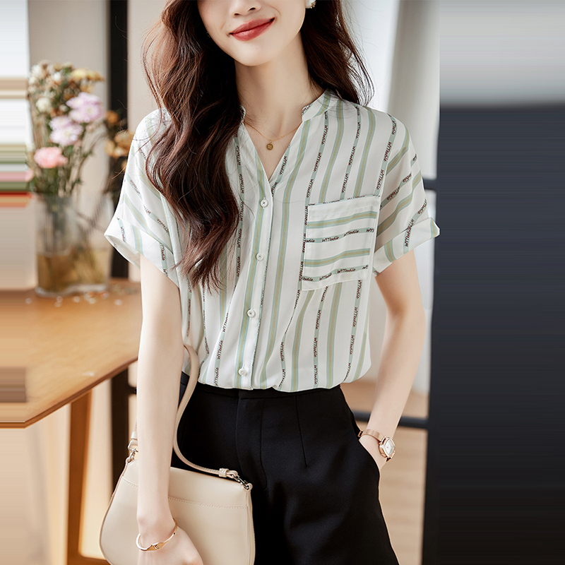 舒適半開V領別緻條紋短袖襯衫