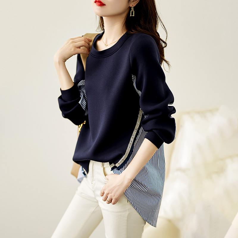 條紋拼接後背單排扣設計寬鬆衛衣