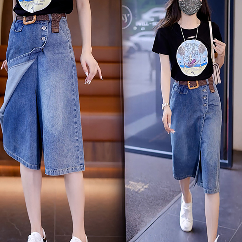 薄款七分高腰寬鬆闊腿牛仔裙褲