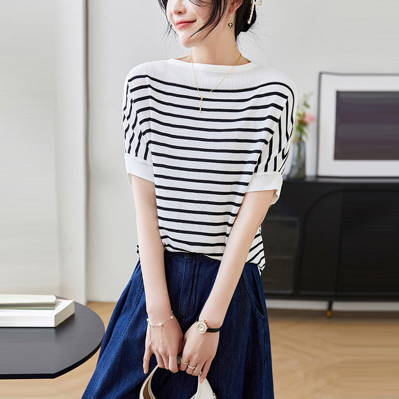 撞色條紋一字領針織T恤(3色)