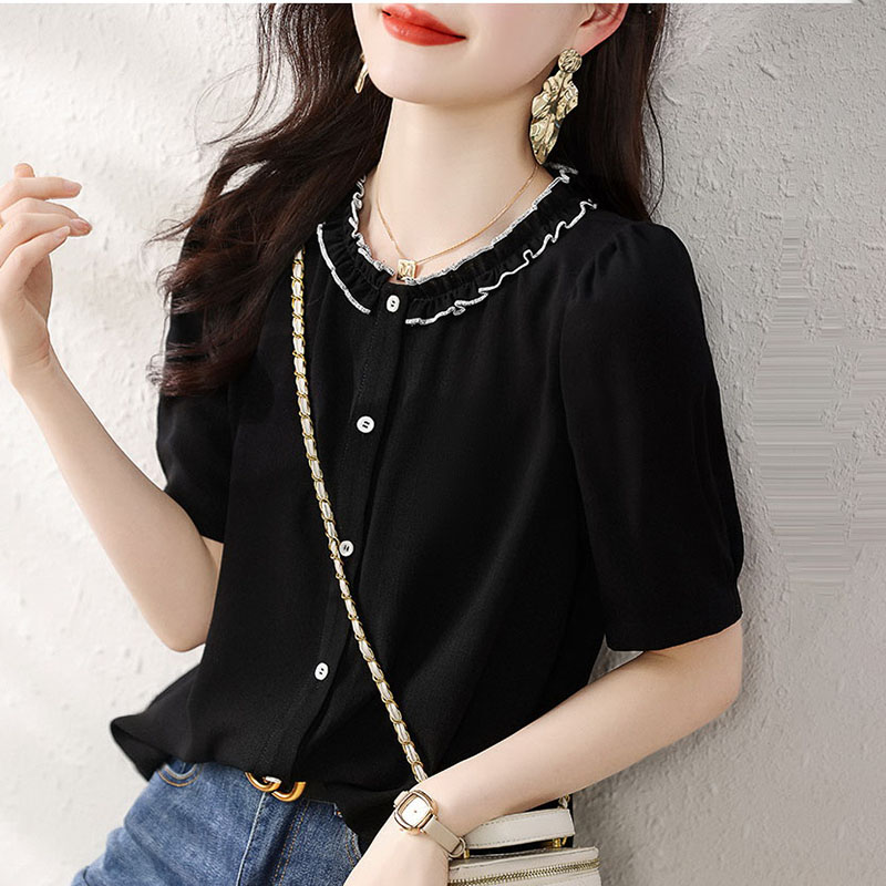 拼色花邊領設計氣質通勤襯衫(2色)