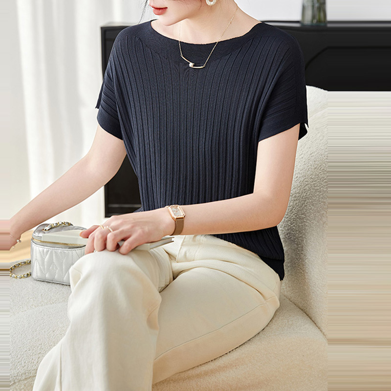 時尚修身百搭一字領針織短袖T恤(5)色