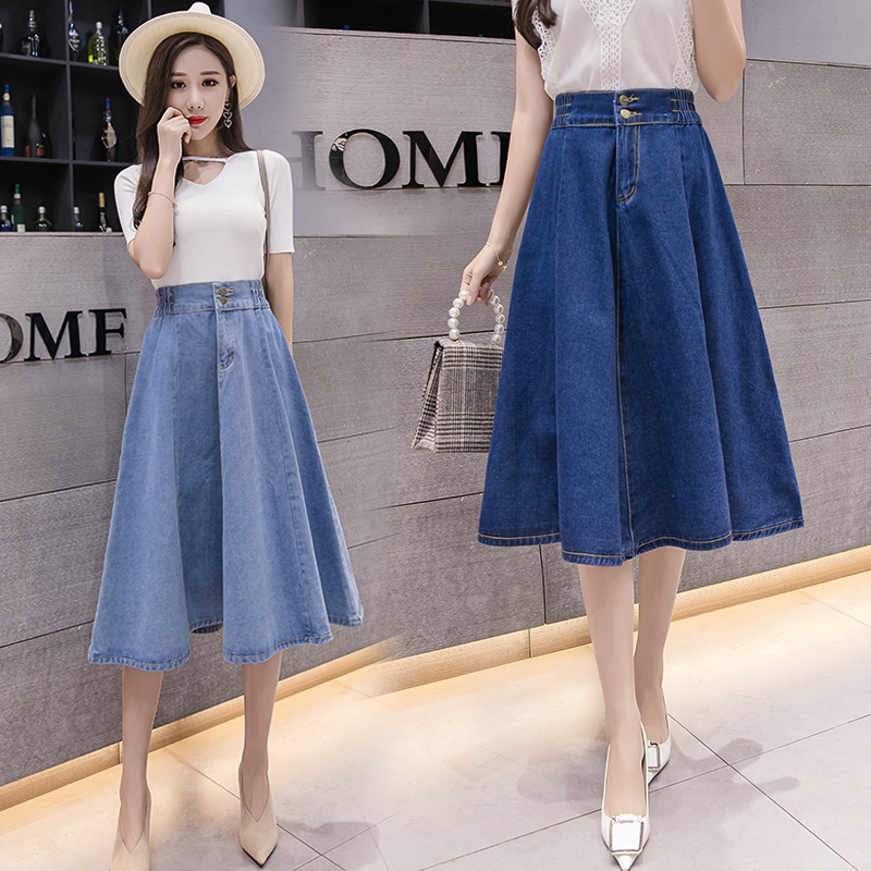 新款鬆緊高腰中長大擺牛仔裙(2色)