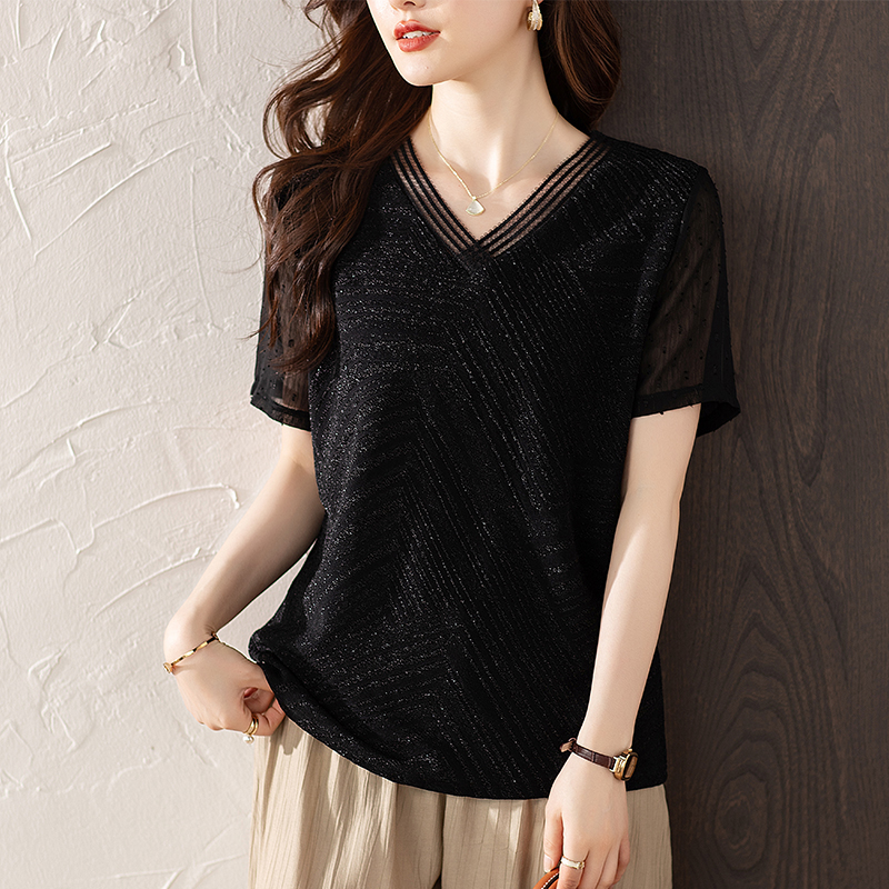 優雅知性拼接蕾絲短袖小衫