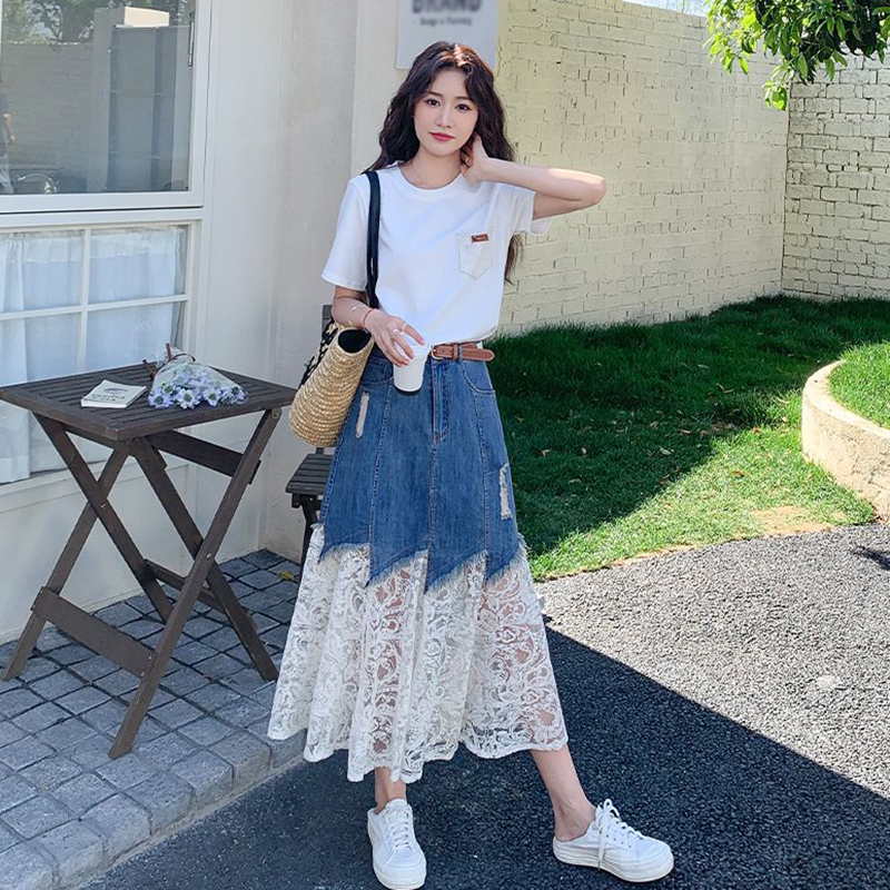 圓領短袖T卹+牛仔拼接蕾絲半身裙套裝