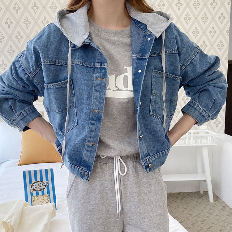 韓系後背繫扣開叉可拆式連帽牛仔短外套