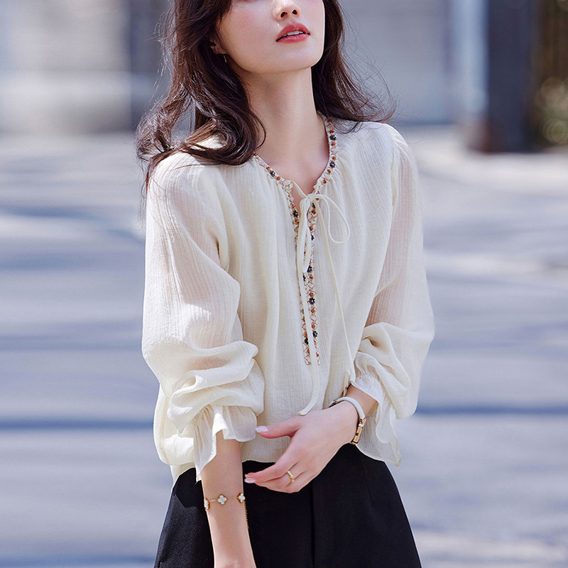 復古文藝風半開領撞色拼接襯衫