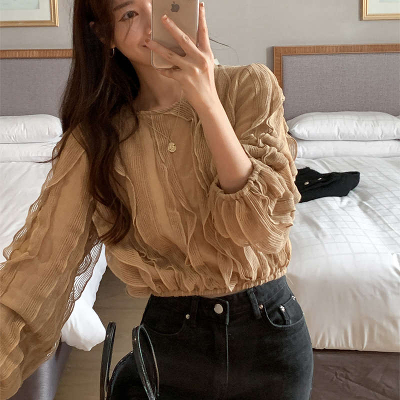 荷葉邊流蘇網面透感鏤空鉤花蕾絲襯衫(2色)