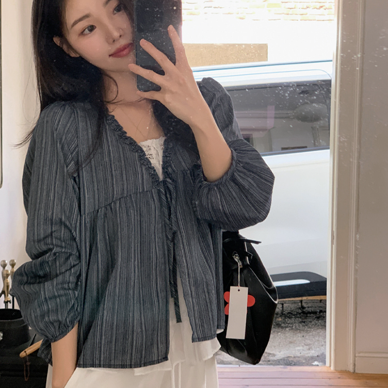 韓系甜美木耳邊條紋上假兩件娃娃衫(2色)