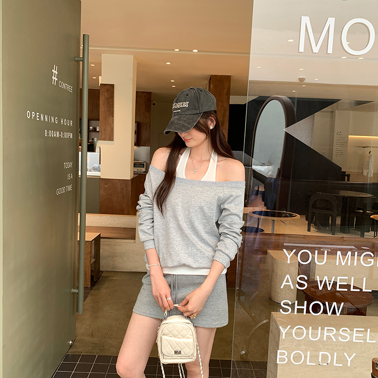 韓系掛脖一字領露肩假兩件長袖衛衣(2色)