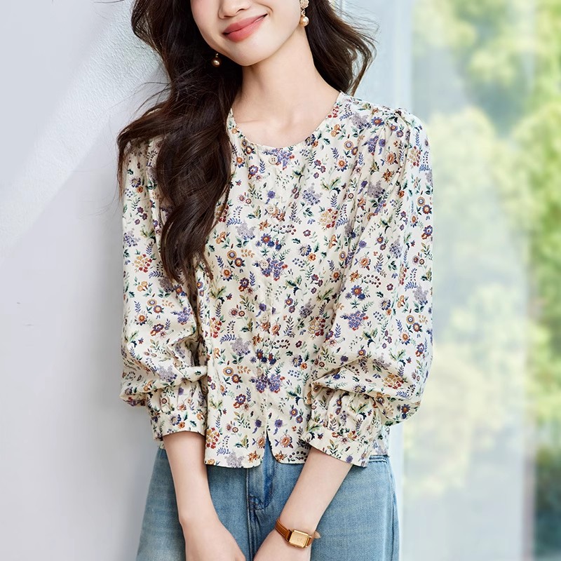 田園風寬鬆休閒圓領碎花襯衫