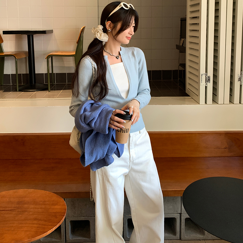 韓系撞色假兩件長袖針織衫(2色)