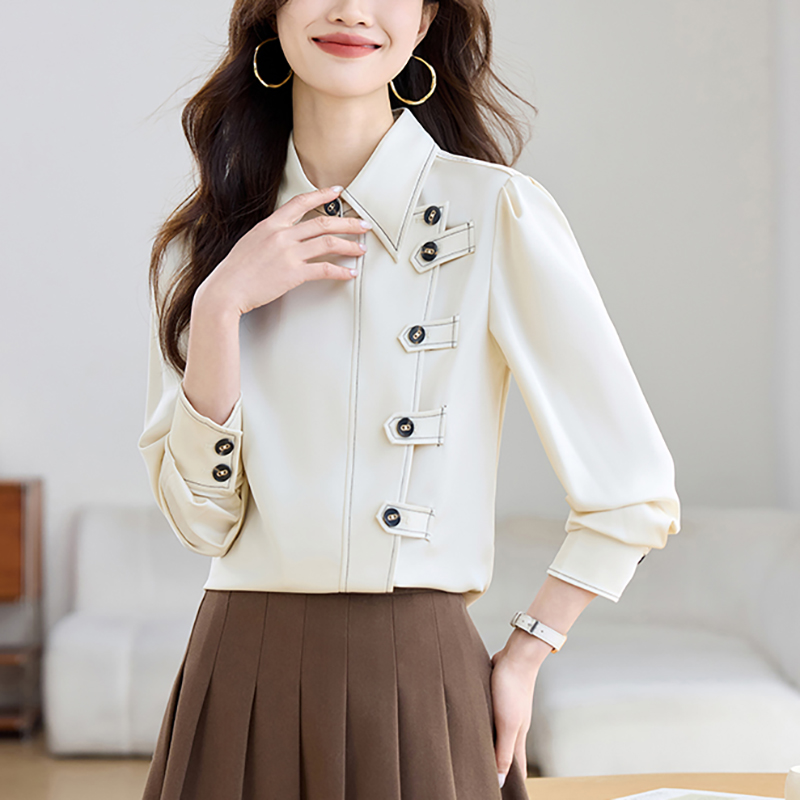 復古斜門襟高級感通勤緞面長袖襯衫