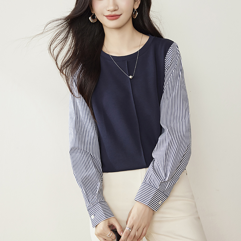 條紋拼接設計假兩件衛衣