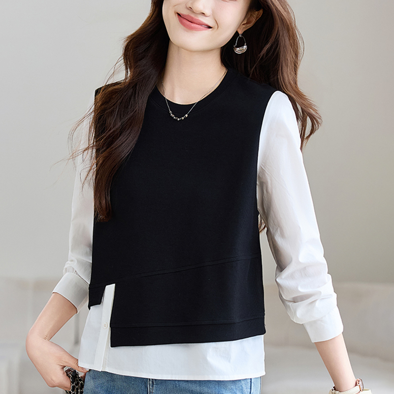 假兩件針織拼接長袖襯衫