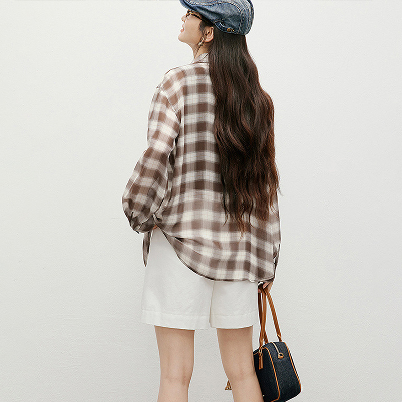 韓系復古格子寬鬆百搭襯衫