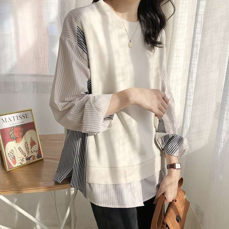 韓系寬鬆撞色條紋假兩件長袖T恤(2色)