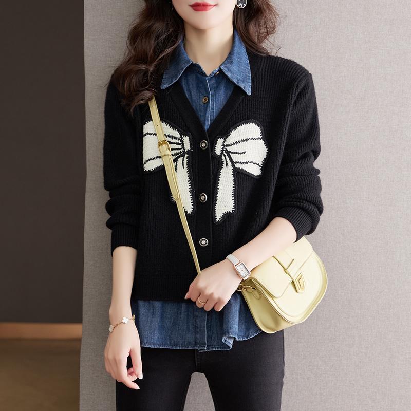 假兩件蝴蝶結提花針織牛仔拼接外套(2色)