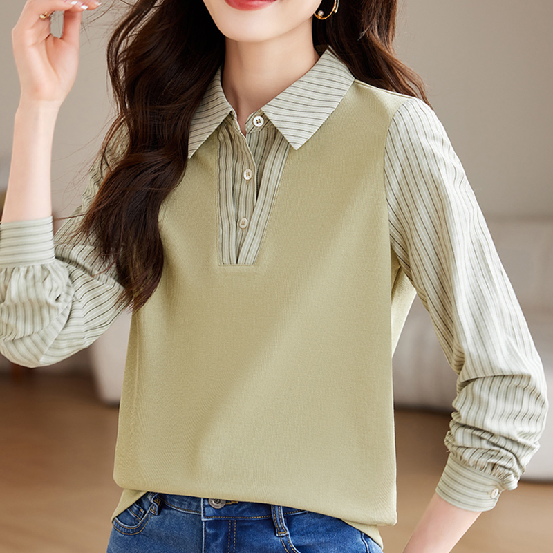 條紋拼接假兩件長袖襯衫(2色)