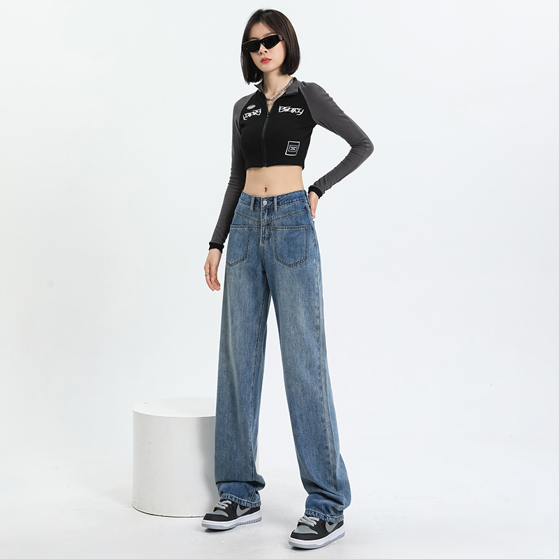 韓系高腰寬鬆設計直筒闊腿牛仔褲