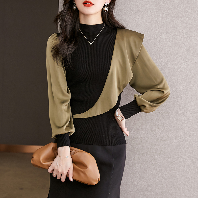 荷葉邊拼色設計長袖針織衫