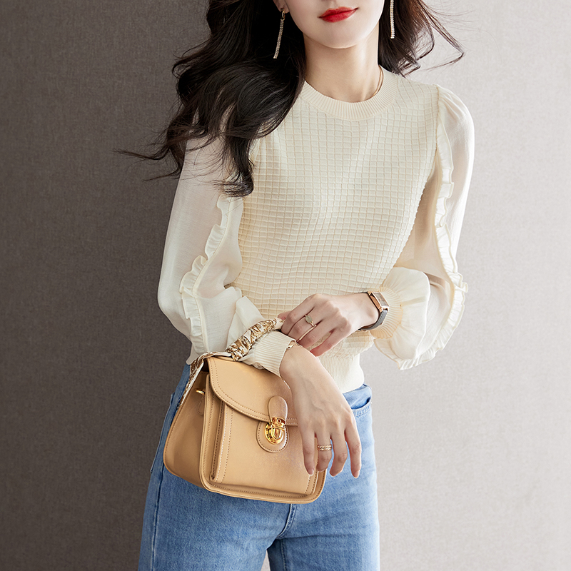 韓系荷葉邊圓領拼接針織衫