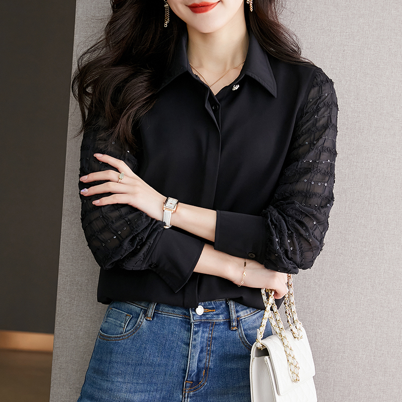 復古拼色設計翻領長袖襯衫