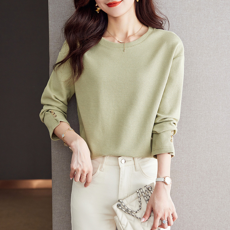 韓國休閒華夫格圓領長袖T恤