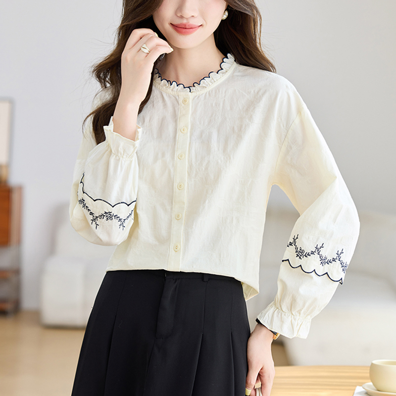 提花刺繡荷葉立領長袖襯衫