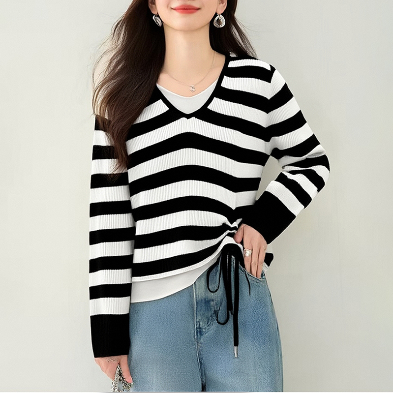 撞色V領假抽繩休閒針織衫(2色)