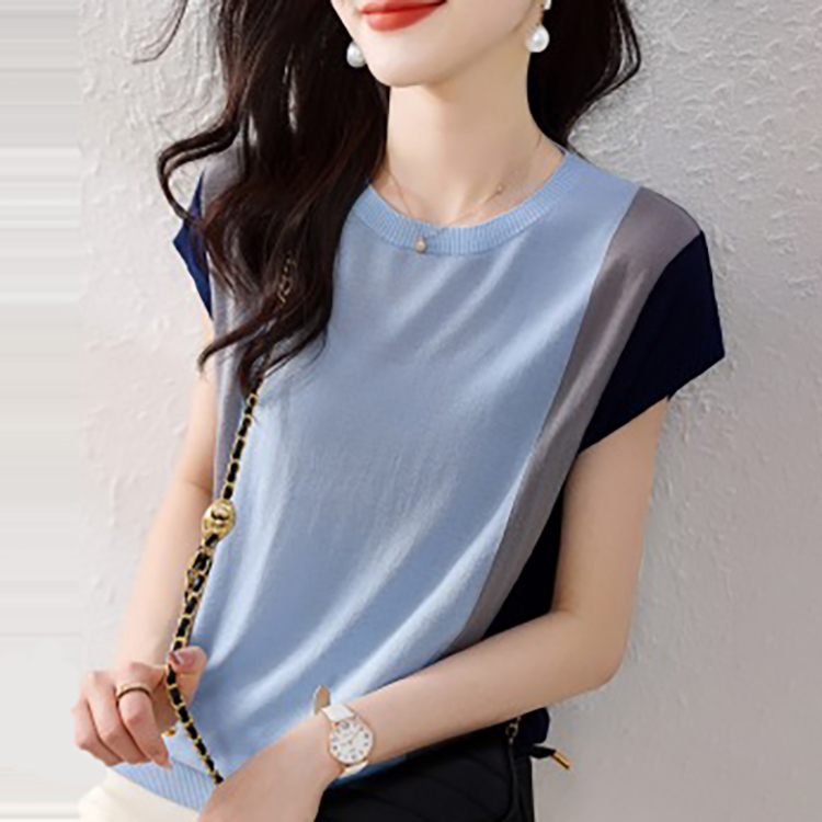 優雅軟糯親膚撞色圓領短袖T恤
