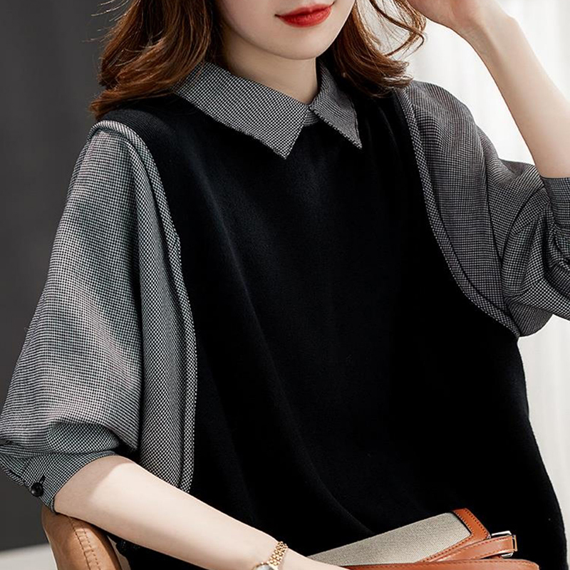 洋氣別緻寬鬆假兩件長袖襯衫